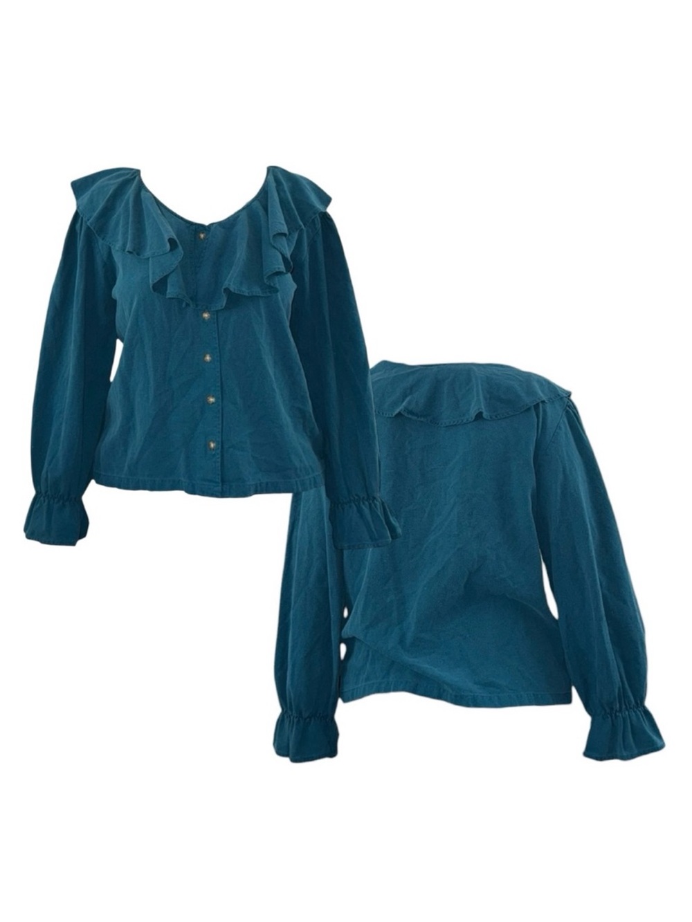 Vintage Moda International Teal Ruffle Collar Button-Front Blouse